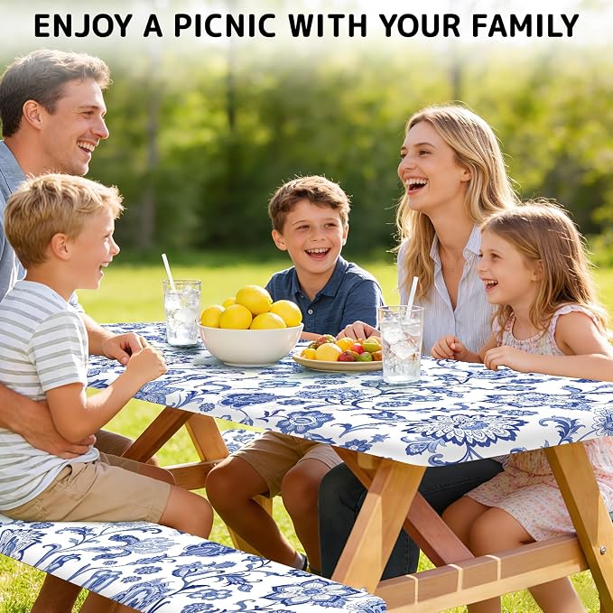 Picnic Table Cover with Bench Covers Elastic Edges, 3 Pcs Flower View Fitted Table Cover with Drawstring Bag, Waterproof Windproof Aesthetic Camping Tablecloth, Outdoor Camping Essentials 72 Inch