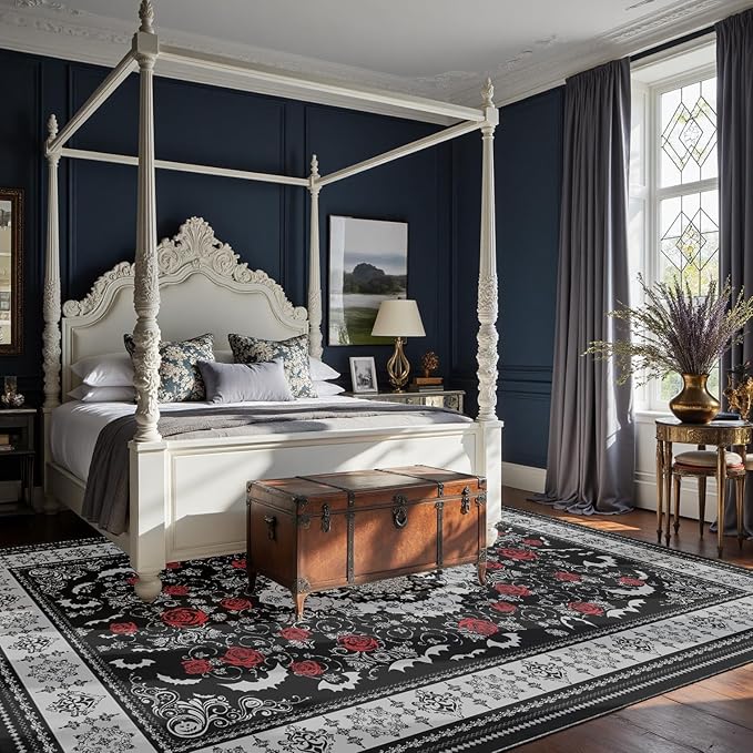 Nayoroom Dark Academia Gothic Black Area Rug, Machine Washable, 8 x 10 ft | Dark academia gothic style; Soft, non-shedding surface; Easy Clean; Non-slip backing; Living, dining or bedroom