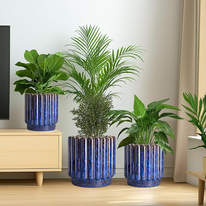 Ceramicfor Ceramic Plant Pots, 7.6 Inch, Blue | Drainage Hole, Fluted Round Design, Indoor & Outdoor Use, Modern Style