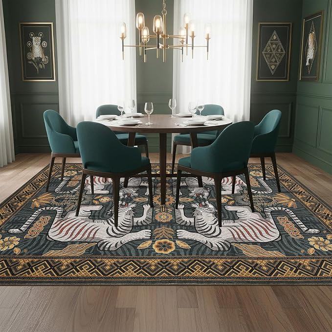 GarveeHome Tiger 8x10 Area Rugs Boho Washable Vintage Non Slip Living Room | Blue Rugs for Bedroom, Vintage Tribal Soft Animal Print Throw Rug Ultra Thin Stain Resistant Floor Carpet for Office