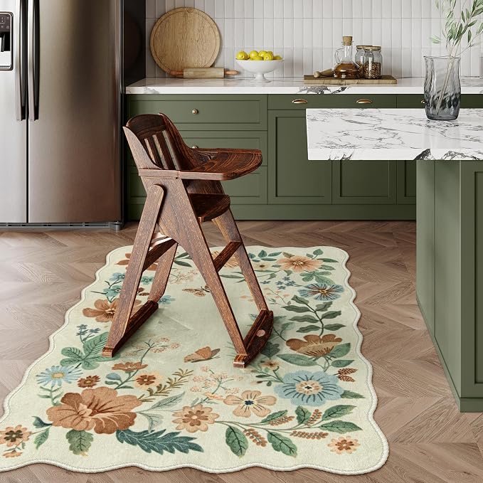 Lahome Floral Machine Washable Rug, Soft 3x5 Rugs for Entryway Bedroom | Non Slip Ultra-Thin Boho Rugs for Living Room Stain Resistan Throw Carpet for Nursery Entrance Flore, Beige