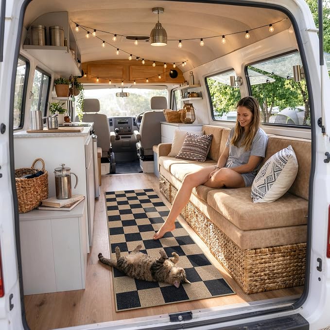 Lahome Colette Checkered Easy Jute Runner Rug, 2x6 Kitchen Runner Rug Non Slip Washable Outdoor Carpet for Entryway Indoor, Checkerboard Black Indoor Outdoor Carpet Runners for Hallway 6ft Entry