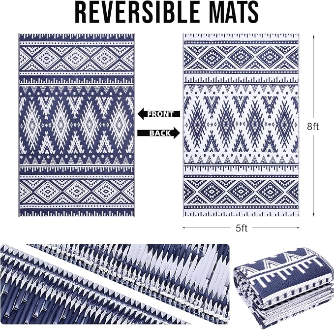 OLANLY Outdoor Rug Waterproof 5x8 ft, Reversible Outdoor Plastic Straw Rug, Boho Patio Rug, Indoor Outdoor Carpet, RV Mat Outside for Patio, Camp, Picnic, Balcony, Deck, Backyard, Navy & White