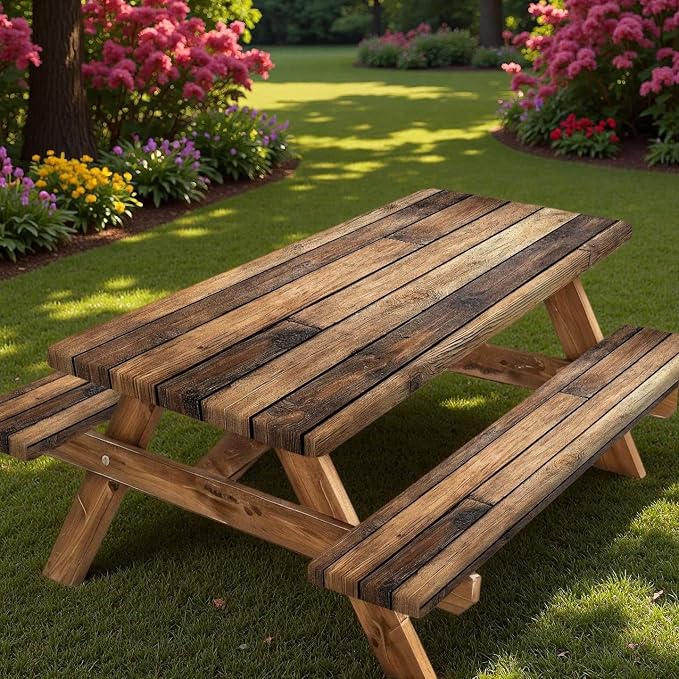 Wooden Picnic Table Cover with Bench Covers and Bag, Waterproof Windproof, Camping Fitted Tablecloth Cover with Elastic Edge, for Indoor & Outdoor, Garden, Camping, 3 Pieces Set, 30x96 Inch