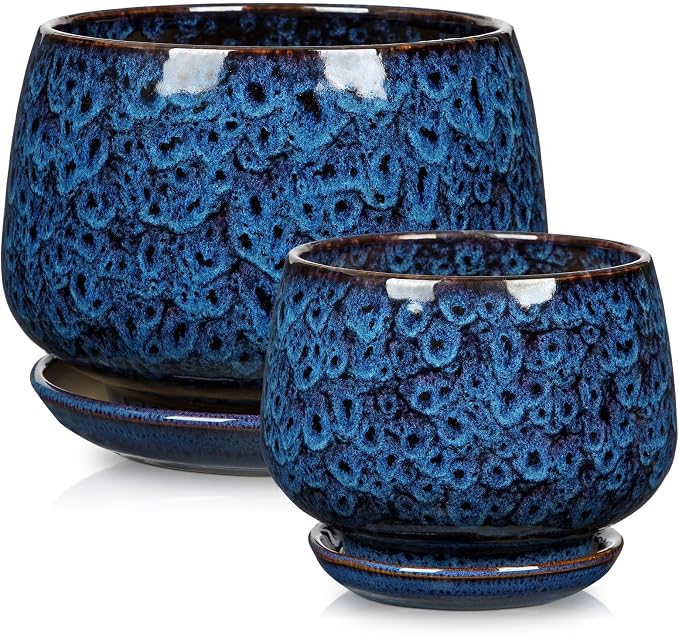 GnFlus Blue Ceramic Planter Pots with Drainage Holes, Set of 2 7''+5'' Saucers Large Round Plant Pot for Indoor-Outdoor Plants, Succulent Orchid Flower