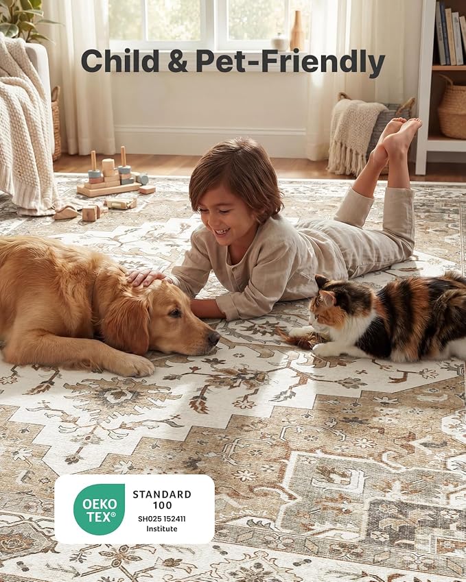 Amada 8x10 Area Rugs, Low-Profile Large Washable Area Rug with Non-Slip Backing & Durable Edge Binding, Vintage Rugs for Living Room, Bedroom, Dinning Room