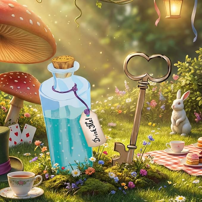 Preboun Wonderland Tea Party Decor Outdoor Down The Rabbit Hole Garden Decor Yard Sign Vintage Gold Oval Tea Party Decoration for Wonderland Birthday Baby Shower Lawn Garden(Blue Medicine Bottle)
