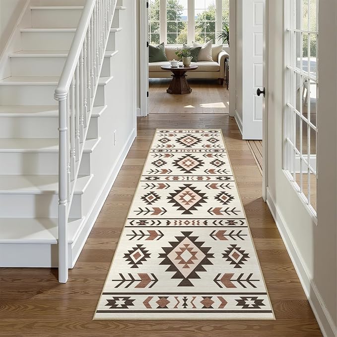 Western Runner Rug 2x6 for Hallway Kitchen Bedroom, Southwestern Aztec Tribal Runner Rugs Southwest Navajo Machine Washable Rug Non-Slip Printed Low-Pile Floor Carpet Mat for Living Room, Beige