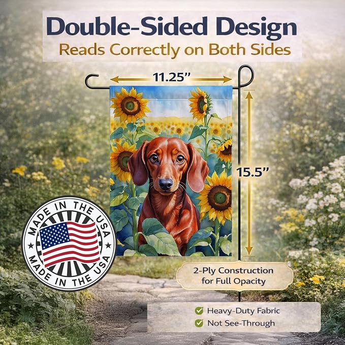 Caroline's Treasures DAC6065GF Dachshund in Sunflowers Garden Flag Mailbox Flag Decorative Yard Flag Banner Outside Patio Artwork Yard Flower Beds, Garden Size, Multicolor