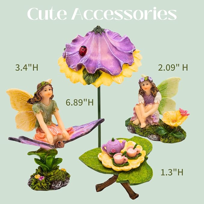 PRETMANNS Fairy Garden Accessories Kit - Adorable Fairies for Fairy Garden Outdoor, Miniature Fairy Figurines with Furniture Set, Fairy Garden Supplies for Indoor Outdoor Décor
