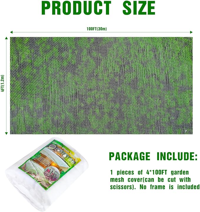 Woanger 4 x 100 ft Garden Mesh Netting Ultra Fine Plant Covers Garden Netting to Protect Vegetable Plants Fruits Flowers Crops Greenhouse Row Cover Patio Barrier Screen Protection Net (White)