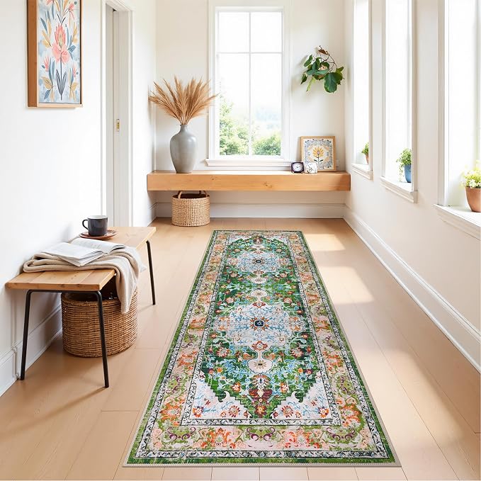 U'Artlines 2' x 6' Boho Hallway Runner Rug Non Slip Washable Runners,Green | Vintage Farmhouse Kitchen Rug Accent Area Carpet for Entryway Laundry and Living Room