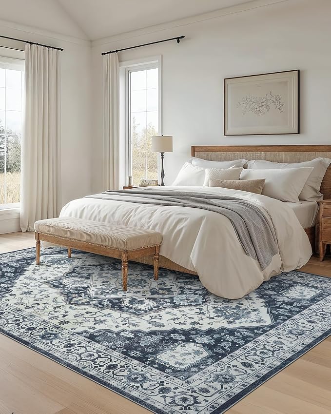 AMADA HOMEFURNISHING 8x10 Area Rug, Washable Low-Profile Large Area Rug with Non-Slip Backing & Durable Edge Binding, Vintage Large Rugs for Living Room, Bedroom