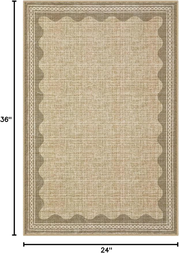 GarveeHome Door Mat Indoor Rugs for Entryway Scalloped Solid Tan Jute Digital Printing Small Rug 2x3 Washable Non-Slip Modern Soft Low-Pile Carpet for Bedroom Kitchen Entrance