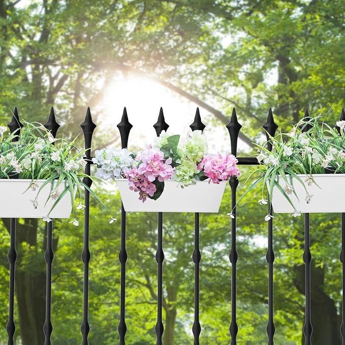 Railing Planters Outdoor Balcony 16 Inch Deck Over The Railing Planter Boxes Hanging Planters for Fence Flower 5 Pcs (White)