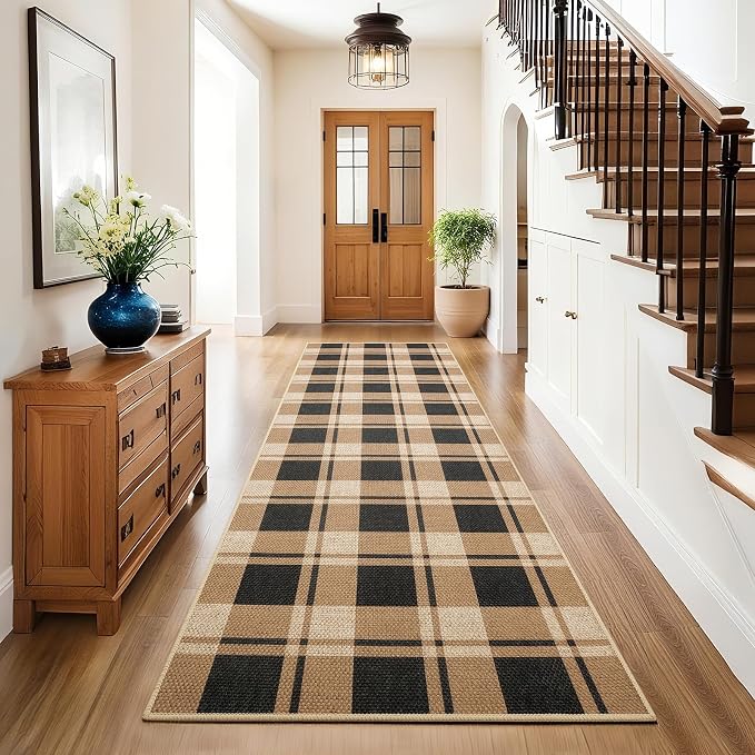 2x6 Checkered Jute Runner Rug for Kitchen Indoor Floor Area Carpet | Washable Jute Area Rug With Non-Slip Backing, Low-Pile Texture, Farmhouse Geometric Pattern In Neutral Brown/Black, Durable
