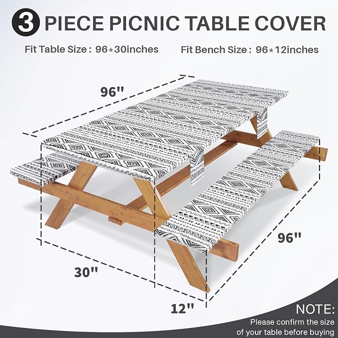 Jobunai Picnic Table Cover with Bench Covers Fitted Waterproof Large Camping Tablecloth with Elastic for 8 Foot Tables Outdoor Travel RV Essentials Summer Vacation Accessories Fun Gifts for Couples