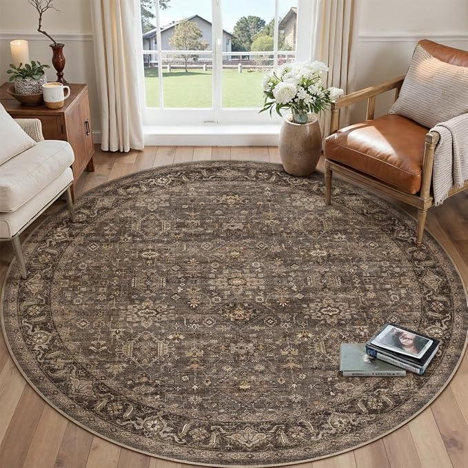 5x5 Dark Brown Vintage Round Rug | Washable, Non Slip, Soft Low Pile, Traditional Farmhouse, for Dining Room Living Room Bedroom Entryway Indoor