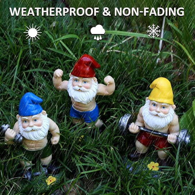 Funny Workout Garden Gnomes Statues 3pcs 6.2 Inches Outdoor Muscular, Barbell and Dumbbell Gnomes Decorations Set Gnome Gifts for Yard Lawn Patio, Indoor Gnome Figurine for Home Tabletop