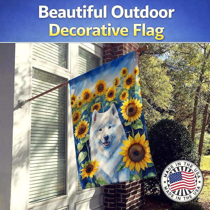 Caroline's Treasures DAC6154CHF Samoyed in Sunflowers House Flag Large Porch Sleeve Pole Decorative Outside Yard Banner Artwork Wall Hanging, Polyester, House Size, Multicolor