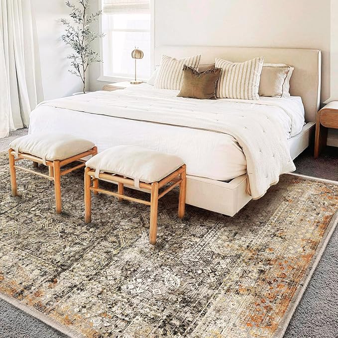 CHAMPLANT Area Rug 6'x9' Washable Vintage Traditional Floor Cover Thin Retro Kitchen Indoor Distressed Non Slip Carpet Floral Print Mat for Living Room Bedroom Dining Room