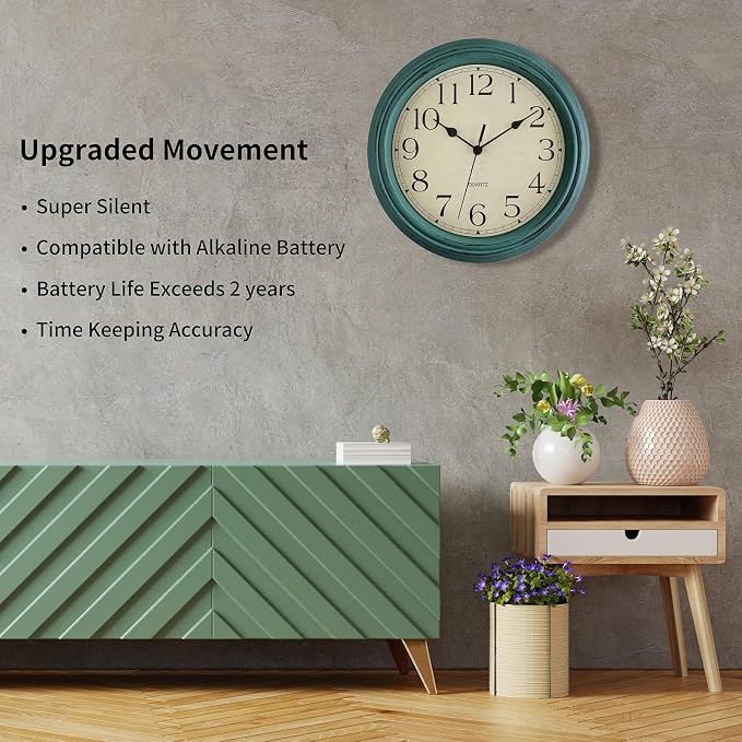 Foxtop Retro Silent Non-Ticking Round Classic Clock 12 Inch Quartz Decorative Battery Operated Wall Clock for Living Room Kitchen Home Office (Turquoise)