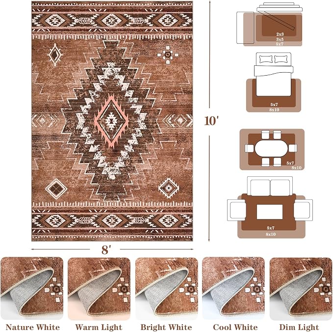 Yinhua Western 8x10 Rug for Living Room, Aztec Washable Rug for Bedroom | Soft Moroccan Large Area Rugs Non-Slip with Rubber Backing, Brown Non-Shedding Carpet for Office Nursery