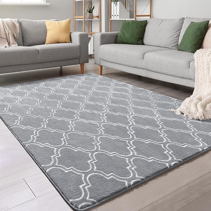 Chicrug Shag Geometric Modern Area Rug for Bedroom, 4x6 Feet Memory Foam Indoor Carpet, Fluffy Rug for Living Room Bedside Room Decor for Family Girls Kids Nursery Play Mat, Grey/White | Memory Foam Indoor Carpet, Fluffy Rug for Bedside Room for Family...