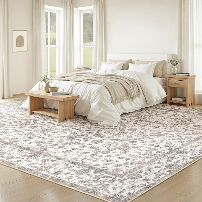 Living Room Rugs 9x12: Washable Moroccan Geometric Boho Rug Farmhouse Non Slip Stain Resistant Large Rug Low Pile Soft Carpet for Bedroom Dining Room Children Room (Grey Floral,9'x12')