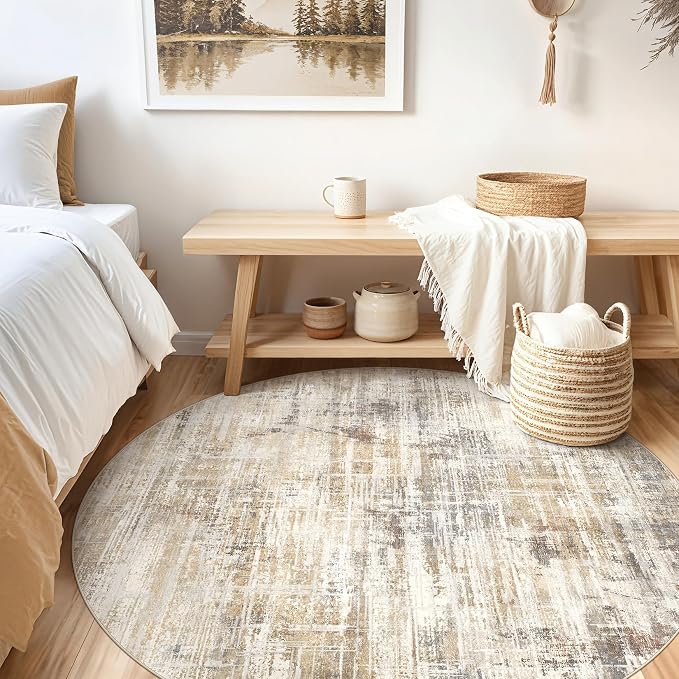 Uermei 6ft Round Area Rug for Living Room Washable Abstract Golden Brown | Soft Low Pile Non Slip Indoor Carpet Stain Resistant Kid Pet Friendly Circle Rug For Bedroom Dining Room Office Nursery