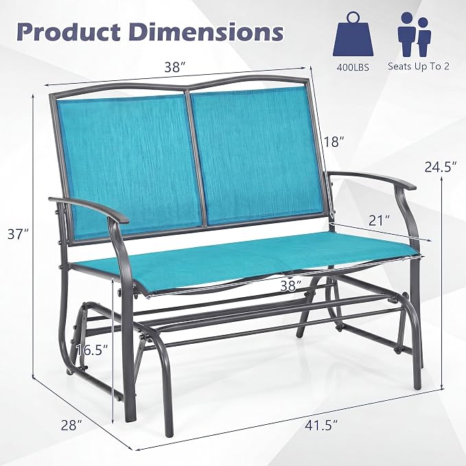 Tangkula 2-Person Patio Swing Glider Bench, Outdoor Rocker Glider Loveseat Chair W/Heavy-Duty Steel Frame, Breathable Seat Fabric, Rocking Lounge Chair for Poolside, Garden, Backyard (Turquoise)