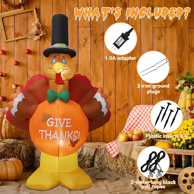 6ft Thanksgiving Inflatable Outdoor Decoration Turkey Inflatable Patio Decoration with Built-in LED Lights, Suitable for Thanksgiving Holiday Party, Patio, Lawn, Garden Winter Decoration