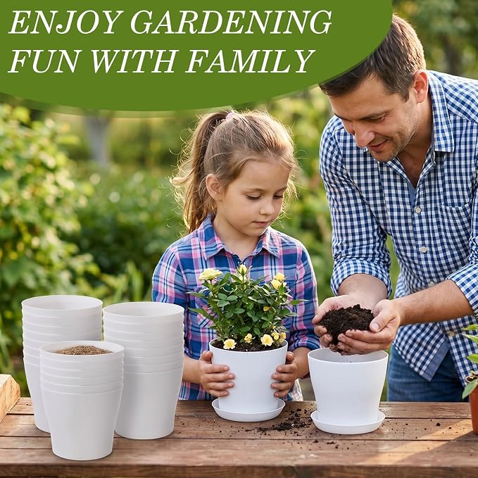 Yinder 32 Pcs 6 Inch Nursery Pots Flower Pots White Plastic Plant Pot Seed Starting with Saucers and Drainage Holes Plant Container for Herbs Houseplants Seeding Nursery Flowers