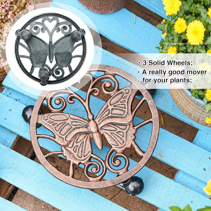 Sungmor Heavy Duty Cast Iron Plant Caddy with Wheels - 2 Pack Vintage Butterfly Design Plant Stand, Metal Rolling Plant Tray for Indoor & Outdoor Use - 11 Inch, Antique Bronze