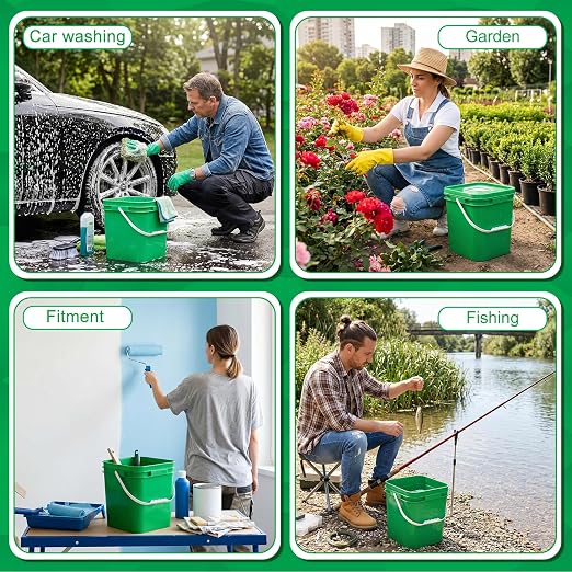 Mumufy 8 Pcs 3.5 Gallon Square Food Grade Bucket with Lid Square Bucket Pail Plastic Handles for Long Term Food Storage, Camping, Fishing, Home Organization Easy Stack and Store (Green)