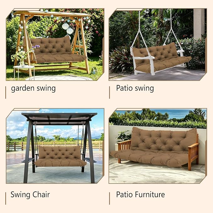 Waterproof Porch Swing Cushions Thicken 5" Brown 2-3 Seat 48 ×40 in Replacement Swing Cushions with Backrest and Ties for Patio Backyard Porch Garden