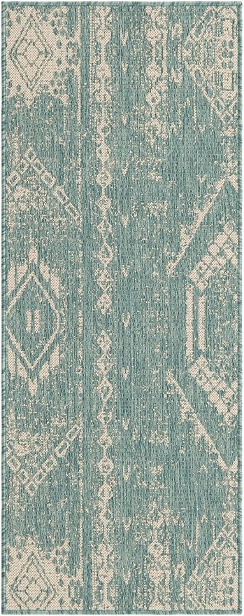 Unique Loom Outdoor Bohemian Collection Area Rug - Anthro (2' x 5' Runner Light Aqua/Ivory)