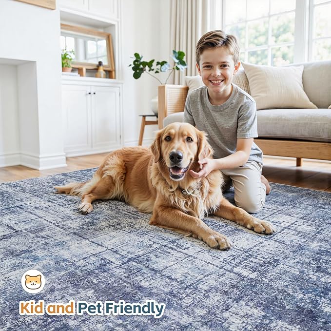 9x12 Washable Area Rug for Living Room Bedroom: Non-Slip Modern Navy Blue | Machine Washable TPR Backing, Stain-Resistant Low Pile, Pet & Kid Friendly, Abstract Decor for Dining Room, Dorm, Home Office