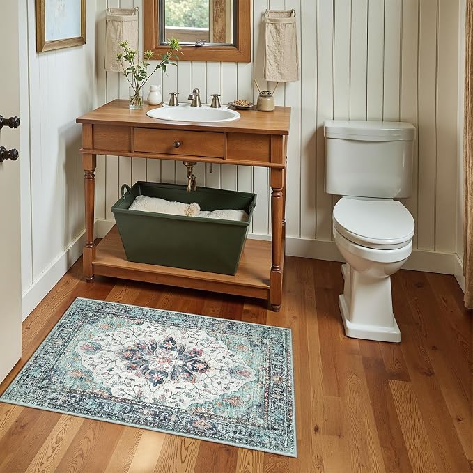 RELEANY Washable Area Rug, Small 2'x3', Teal Green/White/Navy | Non-Slip, Water Repellent, Pet Friendly, Easy to Clean, Vintage Floral Boho Decor for Kitchen Entryway Bathroom