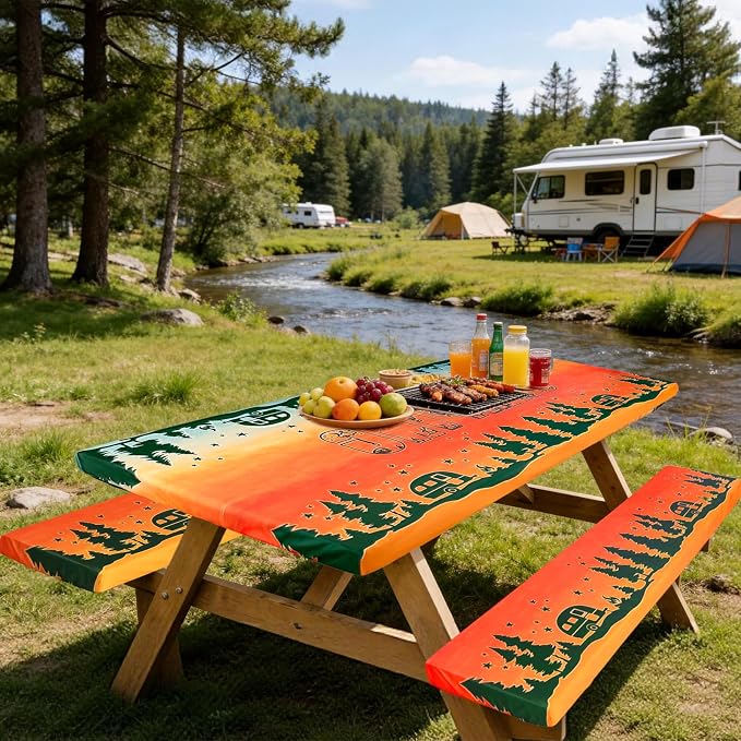 Picnic Table Cover with Bench Covers Camping Essentials Reusable Waterproof Windproof Camping Tablecloth Fitted Rectangle Tables and Seats, 72in, Blue Red Camping