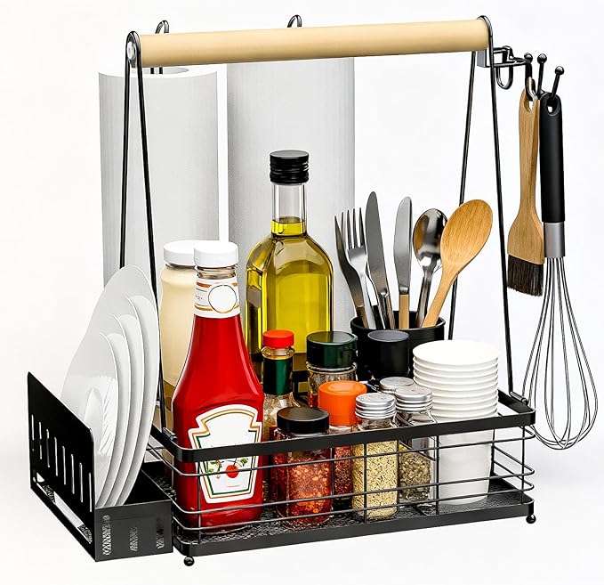 Grill Caddy with Plate Holder and 2Paper Towel Holder, Picnic BBQ Condiment Utensil Organizer Caddy for Outdoor Cooking, RV, Camping Essential, Camper Must Haves, Grilling Gifts