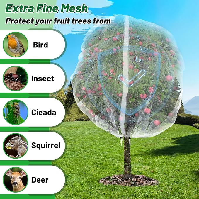 Easy Installation Fruit Tree Netting with Zipper & Drawstring - 6.2x6.2ft Ultra Fine Mesh Garden Protection Screen to Protect Pear Peach Apple from Bird Insect Bug Cicada Deer Squirrel
