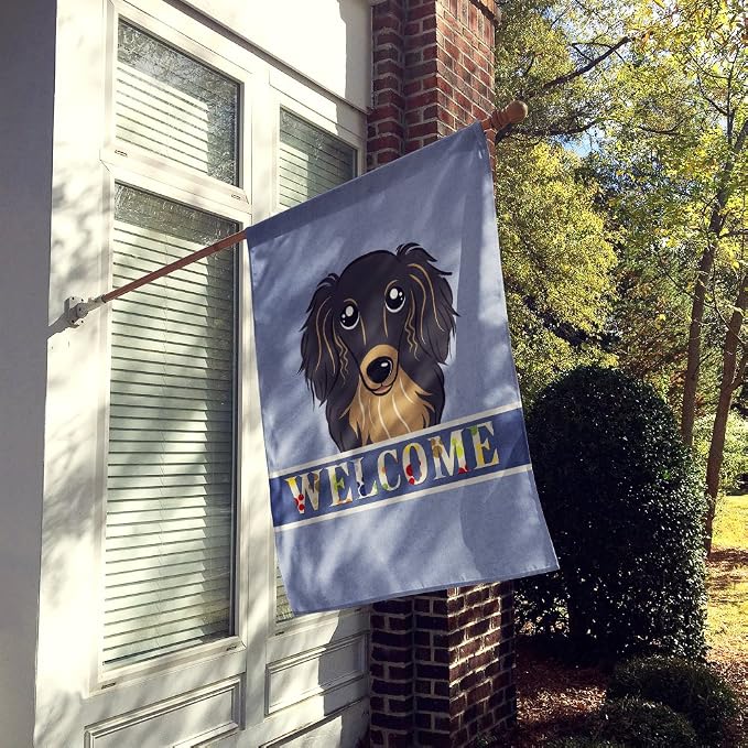 Caroline's Treasures BB1399CHF Longhair Black and Tan Dachshund Welcome House Flag, Blue Large Porch Sleeve Pole Decorative Outside Yard Banner Artwork Wall Hanging, Polyester, House Size, Multicolor