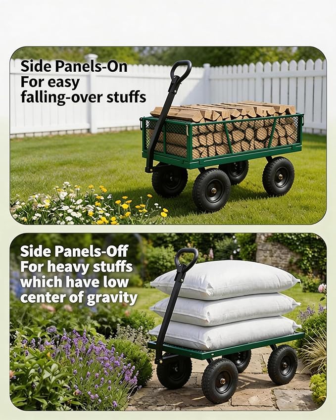 GarveeTech 800LBS Heavy Duty Steel Garden Cart, Garden Wagon Cart on Wheels, Metal Yard Utility Wagon with Removable Mesh Sides, 10" All Terrain Tires, 180° Rotating Handle for Lawn, Garden, Farm