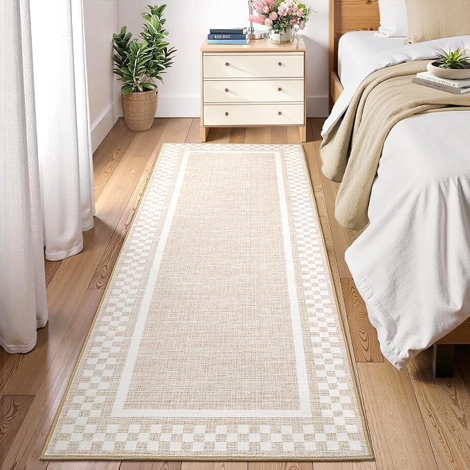 GarveeHome Checkered Runners for Hallways 2x8 Washable Kitchen Runner Rug | Non Slip Low Pile Bedside Throw Carpet Modern Bordered Rug for Living Room Bedroom Entryway Nursery Bathroom, Beige