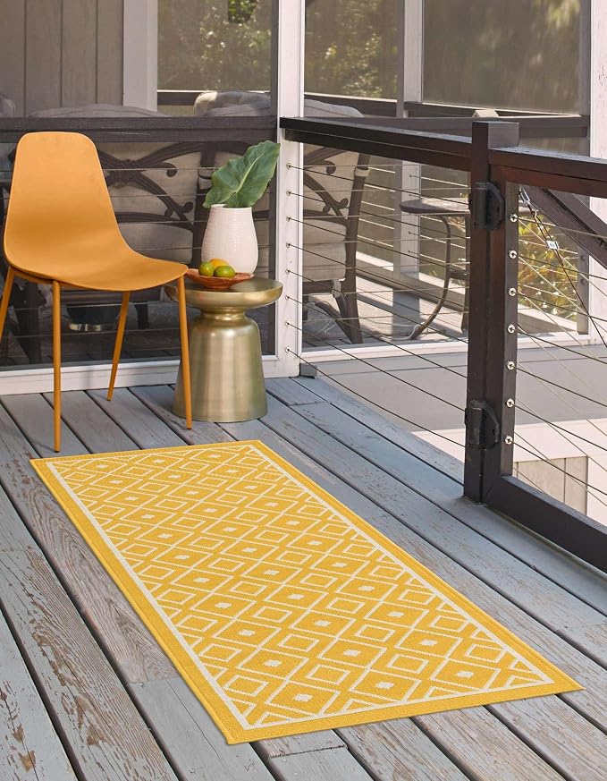 Unique Loom Outdoor Trellis Collection Area Rug - Kafes (2' x 8' Runner, Yellow/ Ivory)