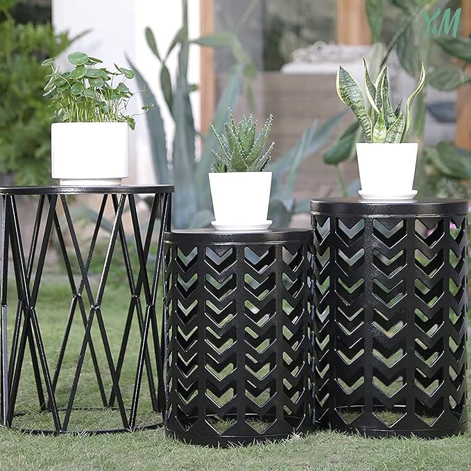 Y&M Outdoor Side Tables Set of 3, Round Metal Nesting Patio End Tables, Heavy Duty Stacking Accent Tables for Patio, Balcony, Garden, Porch, Indoor & Outdoor, Black