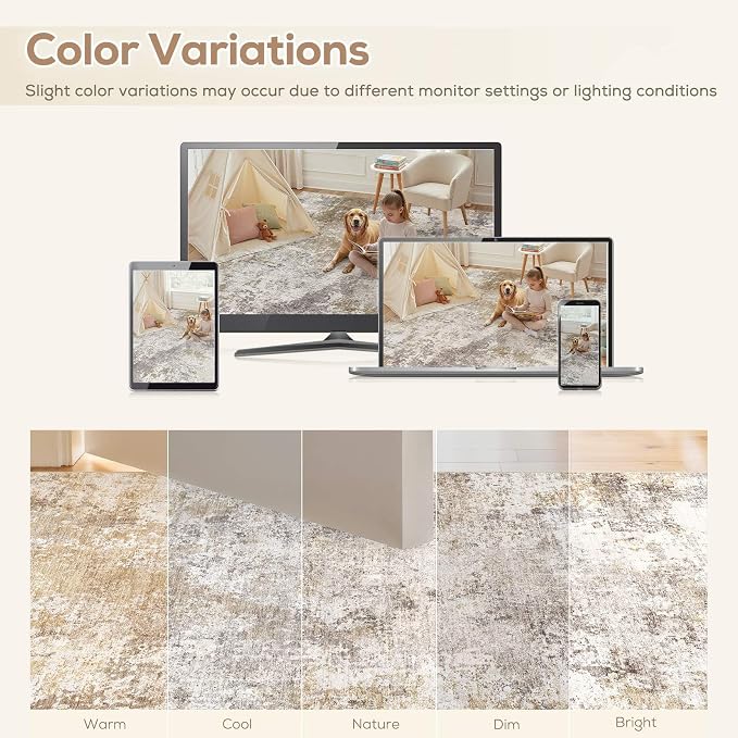 Nakagishi 2x6 Abstract Washable Area Rugs for Entryway-Golden Brown | Modern Non-Slip Silicone Backing Low Pile Soft Carpet for Bedroom Dining Decor for Families with Kids and Pets