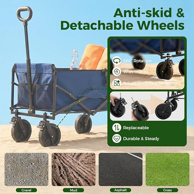 OLIXIS Collapsible Wagon 102L Standard Heavy Duty Utility Folding Wagon Cart with Lockable Brake Wheels – 330 lbs Weight Capacity, Flexible Handle for Beach, Grocery, Camping, Sports & Garden, Blue