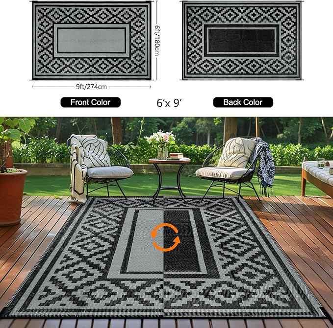 Outdoor Patio Plastic Straw Rug - 6x9 ft Outdoor Camping Rug Waterproof Reversible, Area Carpet Patios RV, Outside Porch Balcony Deck for Camper, Stripe Black Grey